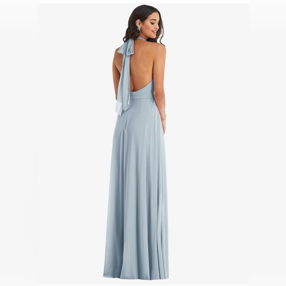 New After Six HIGH NECK HALTER BACKLESS MAXI DRESS IN MIST Size 14R Mist Blue - Picture 3 of 7